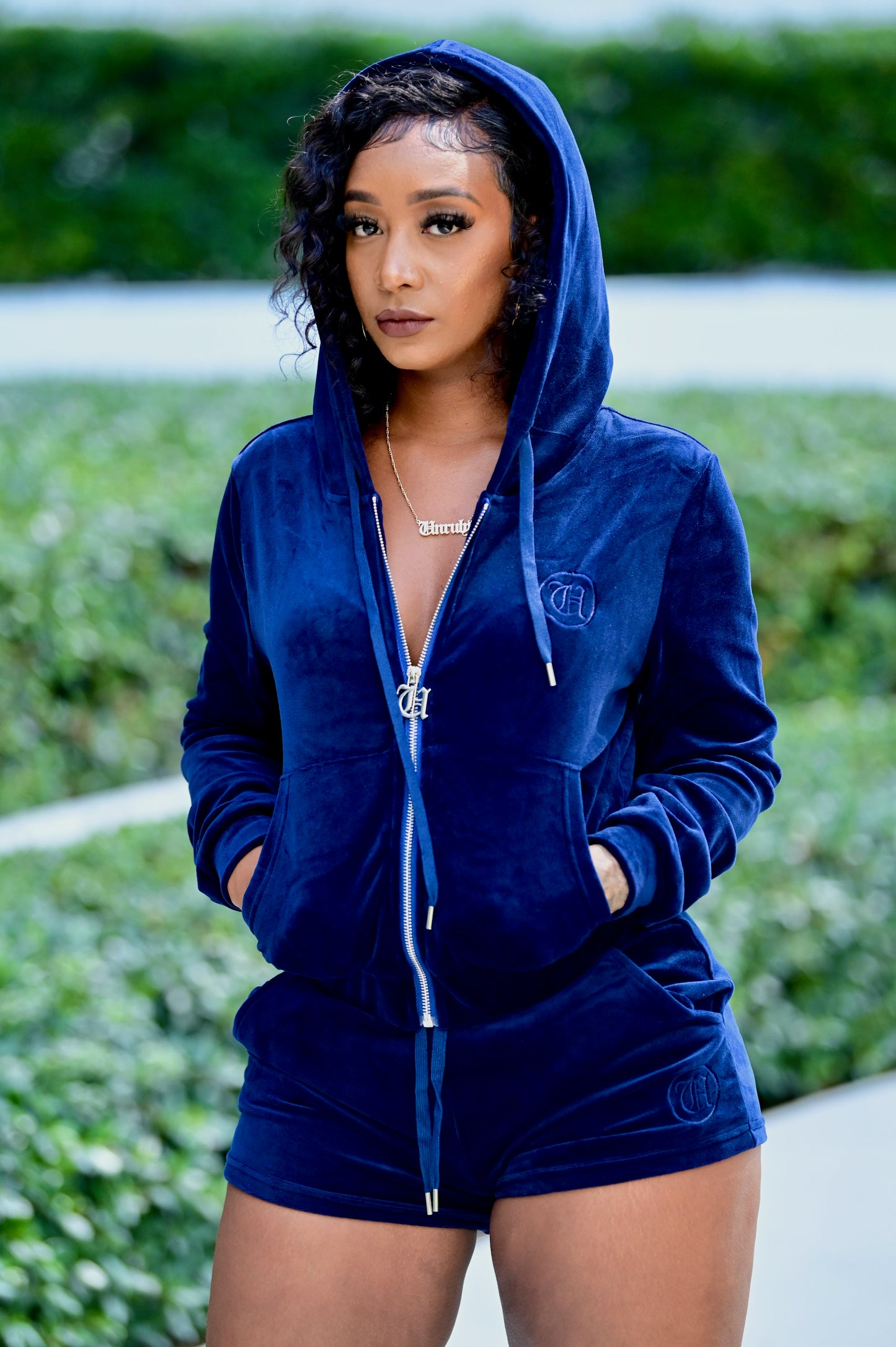 Unruly Women's Velvet Shorts - Navy Blue